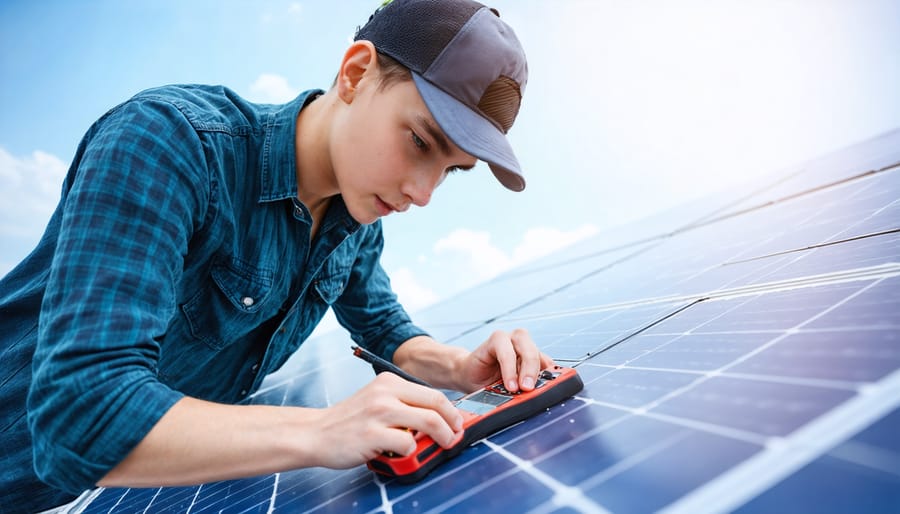 Student conducting solar panel efficiency experiment with measurement tools