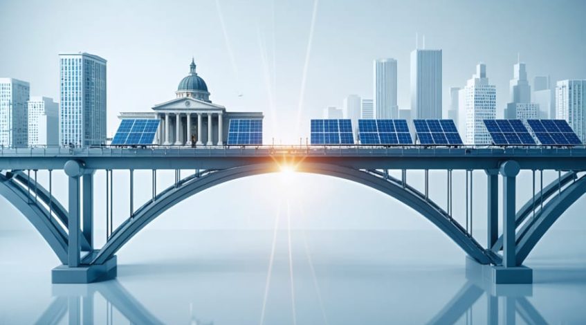 A conceptual image showing a bridge made of solar panels connecting icons representing different industry sectors, illustrating cross-sector collaboration in advancing solar energy solutions.