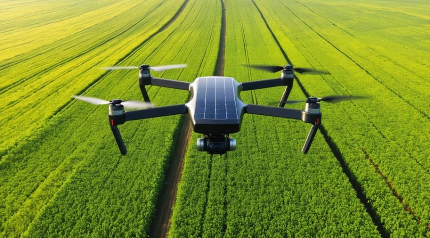 A solar-powered agricultural drone with solar panels on its wings hovering over a vast green crop field under a clear sky, symbolizing the integration of innovative technology into modern farming practices.