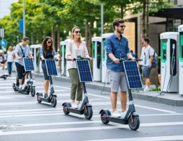 An urban scene showcasing people using solar-powered e-scooters and e-bikes with integrated solar panels, along with a solar charging station, representing the future of last-mile transportation.