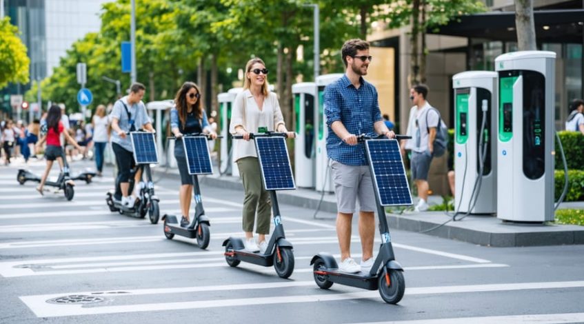 An urban scene showcasing people using solar-powered e-scooters and e-bikes with integrated solar panels, along with a solar charging station, representing the future of last-mile transportation.