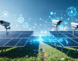 Conceptual representation of a solar farm protected by physical and cyber security measures, illustrating the integration of advanced surveillance, perimeter protection, and digital security solutions.