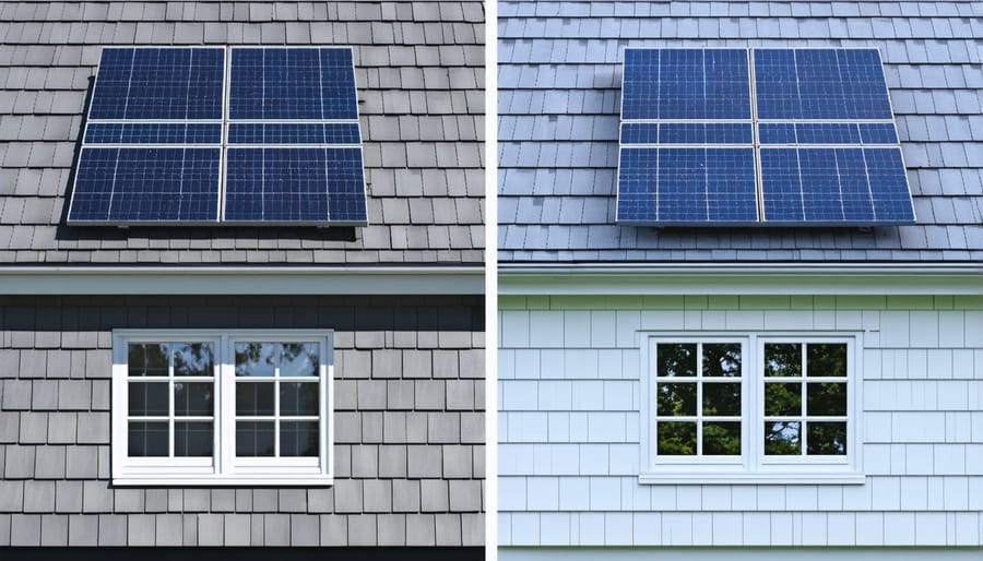 Side-by-side comparison of traditional slate roof tiles and solar slate tiles showing similar aesthetic appearance