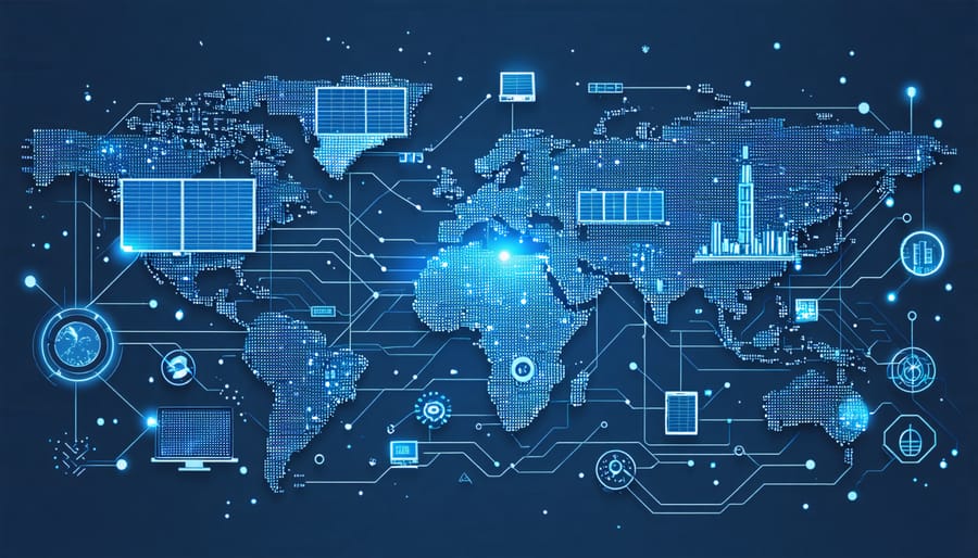 Interactive map showing solar supply chain connections across continents with highlighted risk points