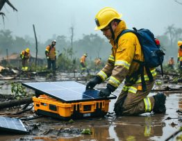 Emergency responders deploying a solar-powered communication unit amidst storm damage, showcasing reliance on sustainable technology for disaster communication.