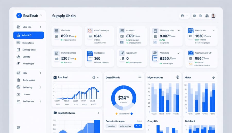 Digital dashboard displaying key supply chain performance indicators and risk alerts