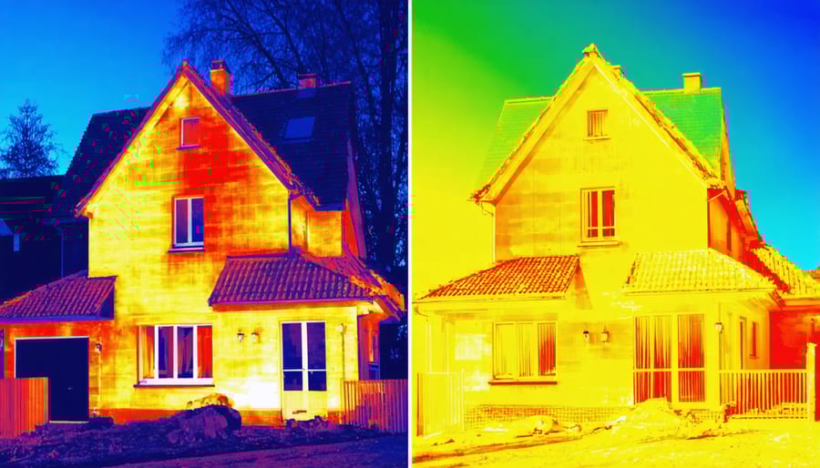 Split-screen thermal image showing dramatic reduction in heat loss after home energy retrofit