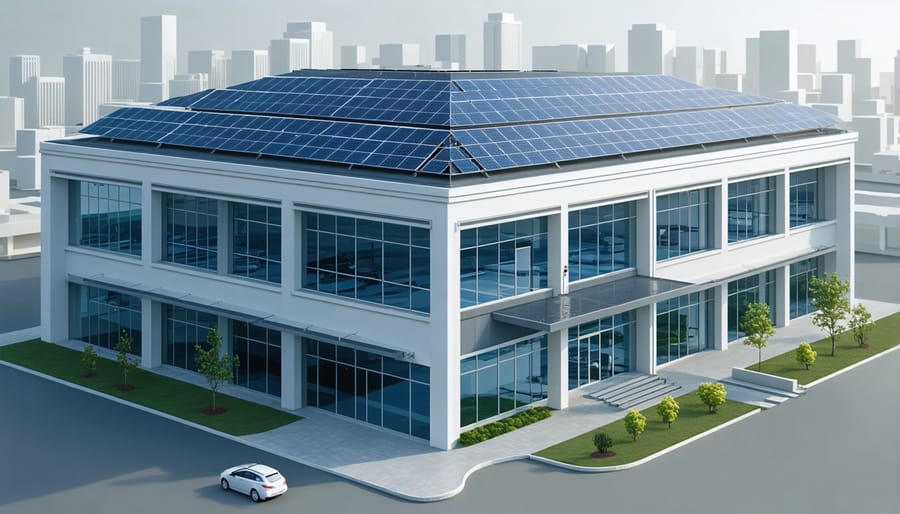 Interactive 3D model of commercial building with solar design elements and digital measurements