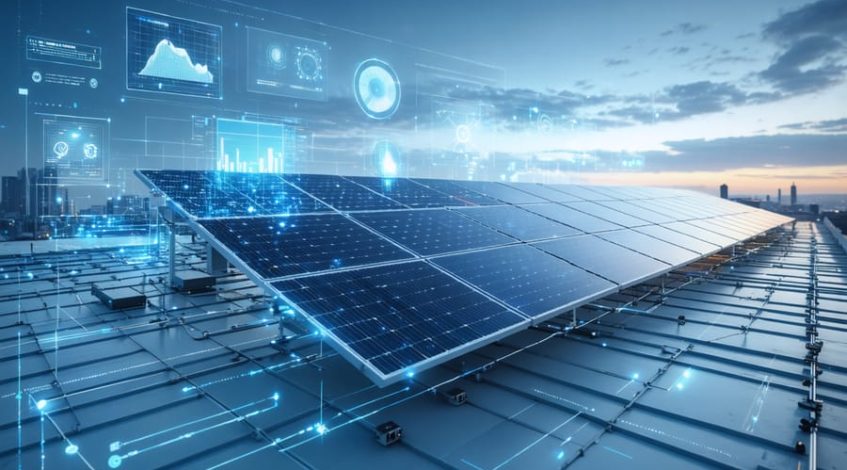 Visual representation of advanced solar technologies in a commercial setting, featuring bifacial solar panels, an AI-powered solar monitoring dashboard, and commercial-scale battery systems, illustrating the integration of cutting-edge solar solutions.