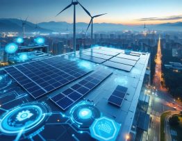 A forward-looking urban landscape illustrating an advanced solar-powered microgrid system, with solar panels, wind turbines, and digital interfaces demonstrating AI-driven energy management, set against a backdrop of a modern skyline symbolizing sustainability.