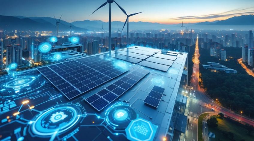 A forward-looking urban landscape illustrating an advanced solar-powered microgrid system, with solar panels, wind turbines, and digital interfaces demonstrating AI-driven energy management, set against a backdrop of a modern skyline symbolizing sustainability.