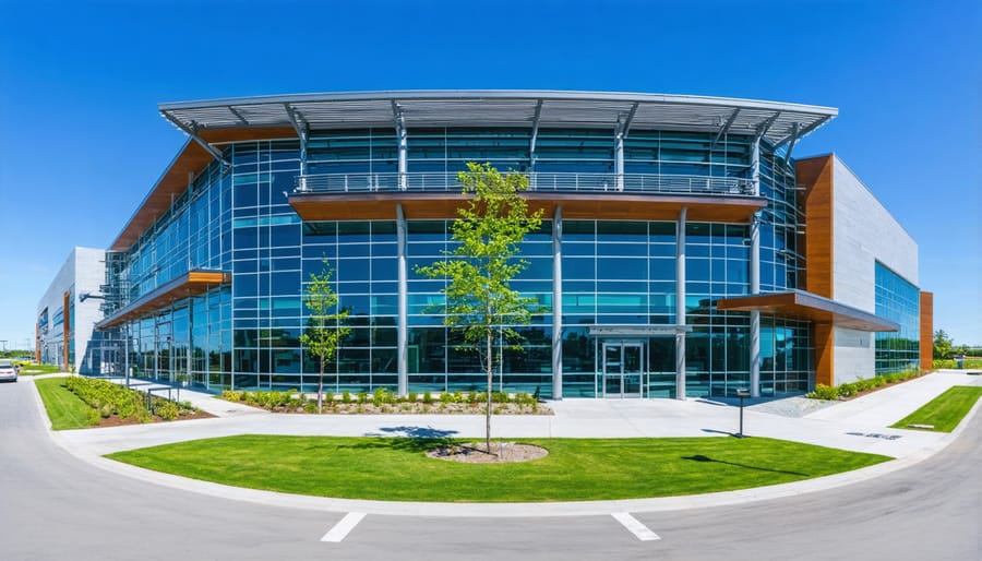 Modern commercial building with integrated renewable energy systems and green features