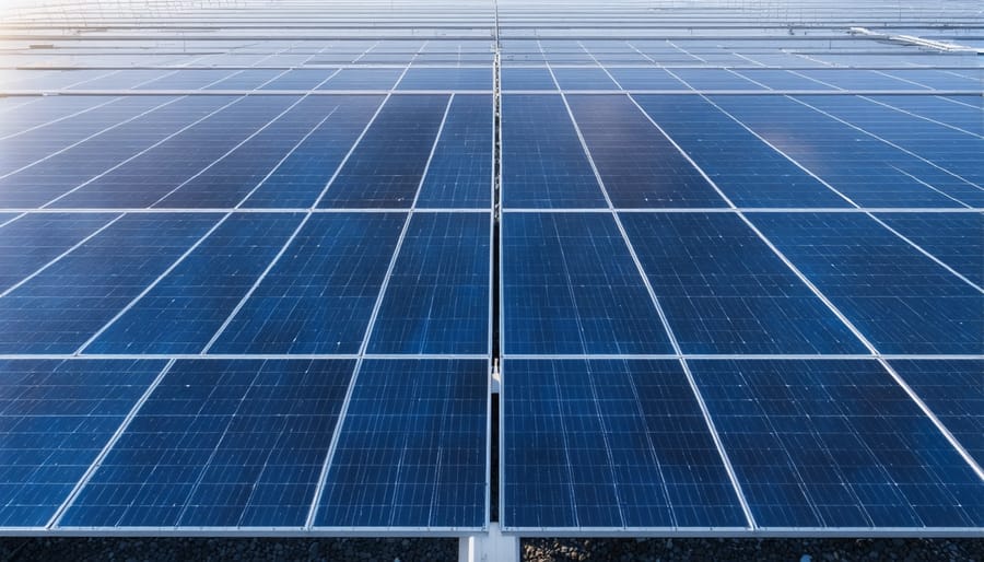 Aerial view of commercial building rooftop covered with precisely aligned solar panels