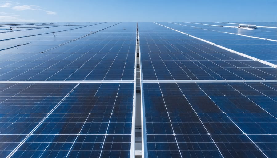 Aerial view of commercial rooftop solar installation during sunset