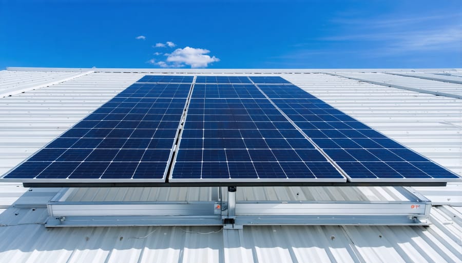 Rows of commercial solar panels installed on industrial building rooftop under bright sunlight