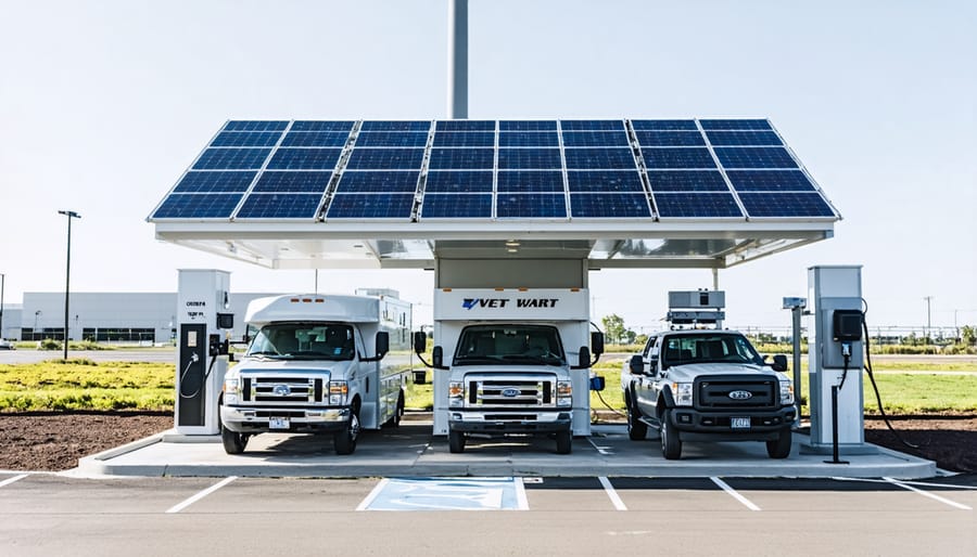 Wide view of evacuation center with multiple vehicles being charged by solar panel arrays