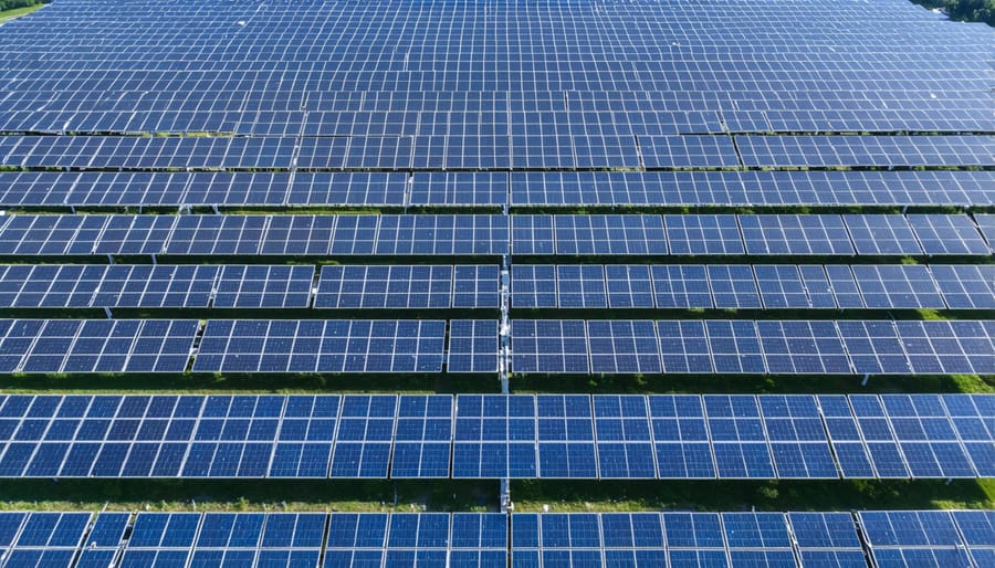 Large-scale community solar installation with organized rows of solar panels on open land