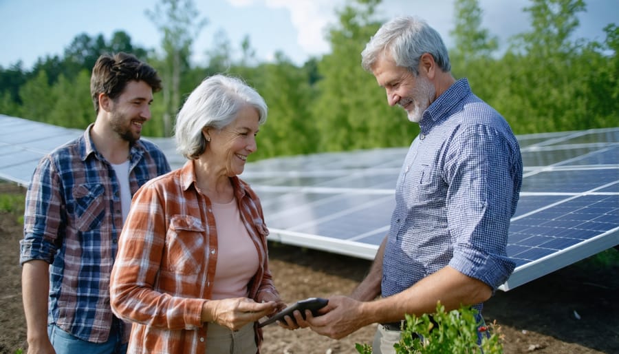 Group of diverse community members gathered near ground-mounted solar installation