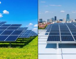 Split image showing a large community solar farm with multiple solar panel arrays on open land on one side and a rooftop solar installation with solar panels against a city skyline on the other side, symbolizing the choice between community and rooftop solar options.