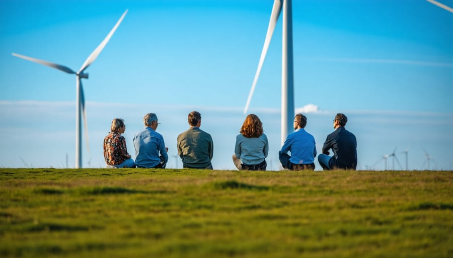Diverse group of people in community meeting discussing wind energy