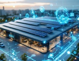 Conceptual artwork of a commercial building with rooftop solar panels and a digital overlay showing solar system analytics, representing the technological advancements in modern commercial solar design.