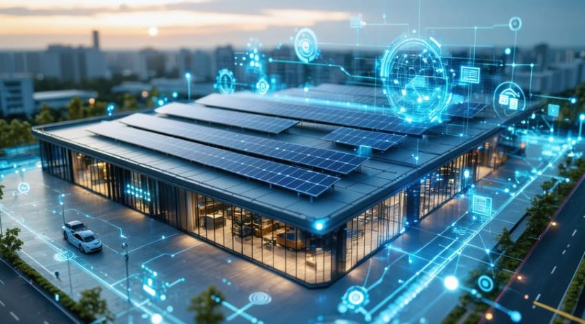 Conceptual artwork of a commercial building with rooftop solar panels and a digital overlay showing solar system analytics, representing the technological advancements in modern commercial solar design.