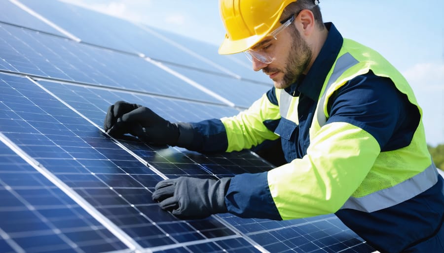 Professional solar technician safely executing emergency shutdown protocol on commercial solar equipment
