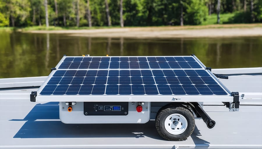 Emergency solar kit deployed next to evacuation bus during disaster response