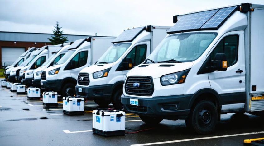 Portable modular solar panels and rugged battery cases charging a row of evacuation vans at a municipal staging lot under bright overcast skies, with wet pavement and emergency staff working in the background.