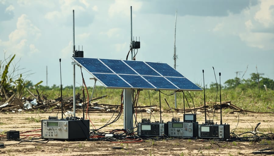 Emergency responders setting up solar panels and radio equipment in a disaster zone
