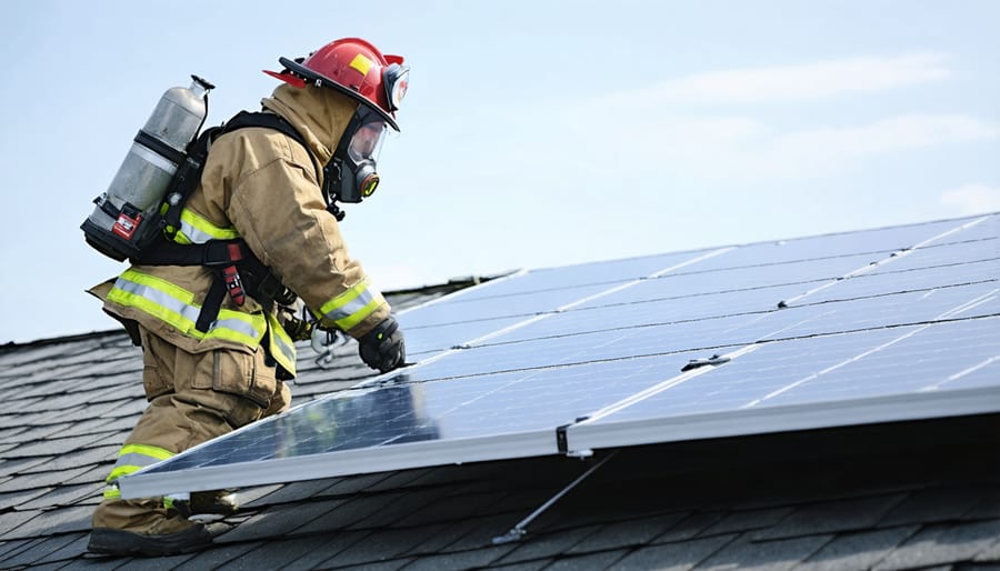 Emergency responder demonstrating proper safety equipment and procedures near solar panels