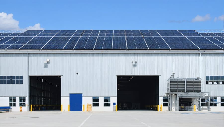Exterior view of food processing facility with visible heat recovery and solar systems