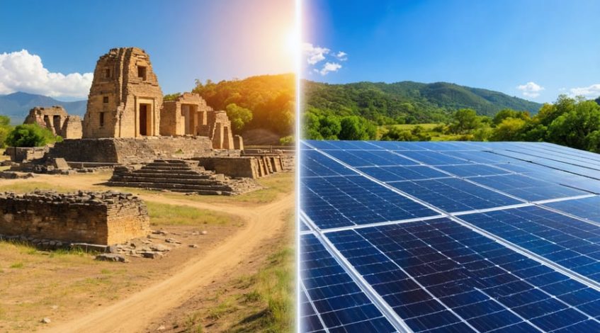 Split scene showcasing ancient cultural sites juxtaposed with modern solar panels, illustrating the integration of cultural heritage and sustainable energy development.