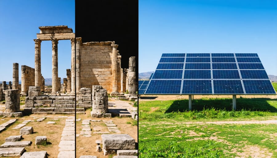 Contrast between historical architecture and modern solar energy installation
