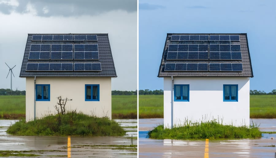 Before and after comparison of a hurricane-resistant building with intact solar installations