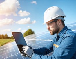 Solar technician examining a dome-shaped pyranometer beside rows of photovoltaic panels under clear morning light with an Australian eucalyptus landscape in the background.