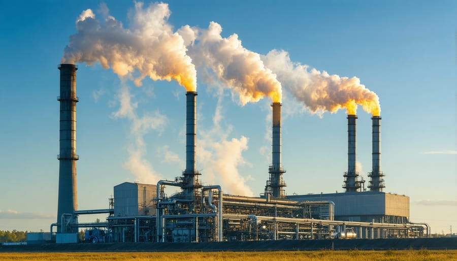 Large industrial exhaust stacks emitting steam against blue sky
