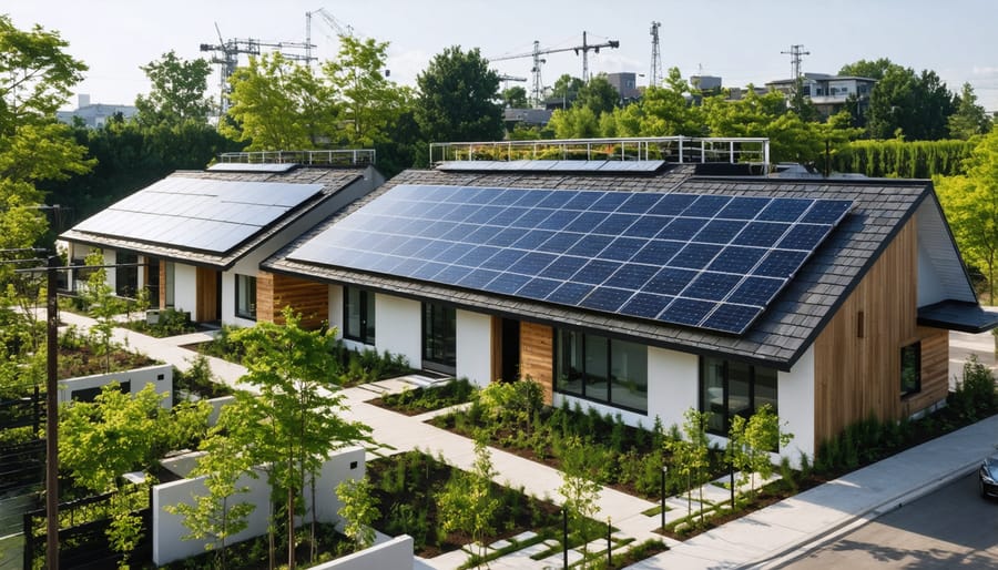 Aerial view of residential neighborhood with rooftop solar panels and green spaces