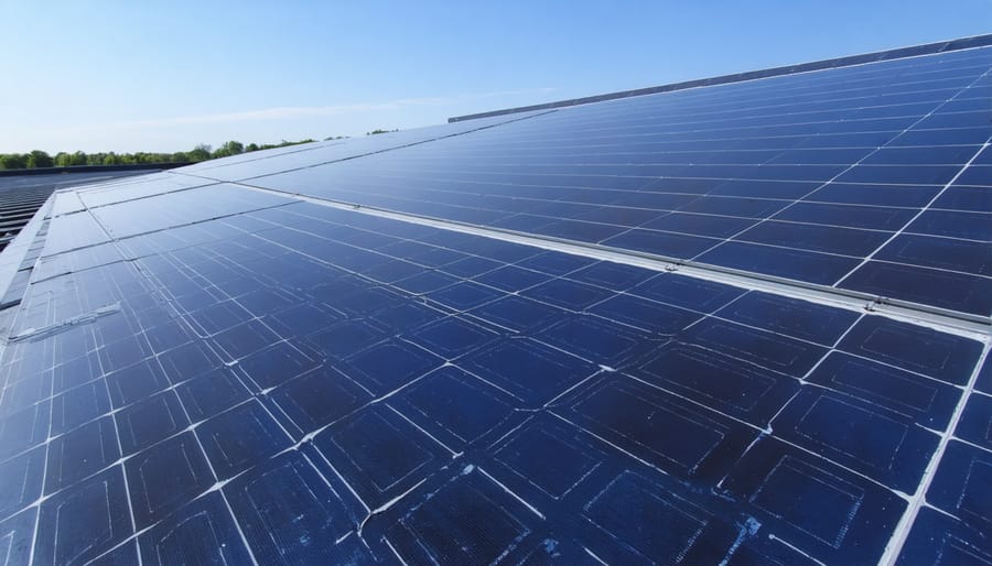 Aerial view of manufacturing facility with large-scale commercial solar panel installation