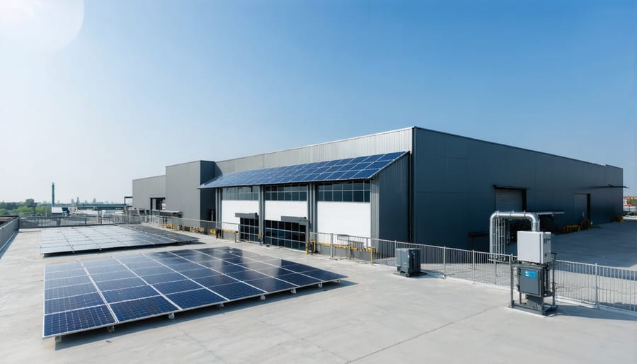 Manufacturing facility showcasing solar panels and smart grid monitoring systems