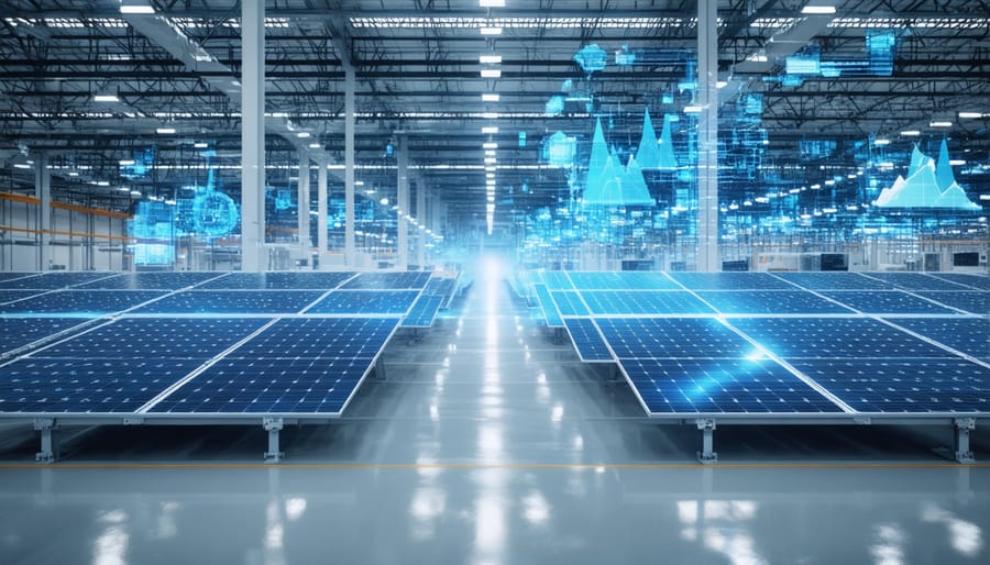 Modern manufacturing facility showcasing successful solar power integration with real-time energy monitoring