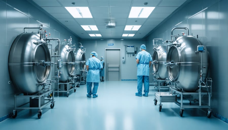 Healthcare workers operating large-scale sterilization equipment in a clean room environment