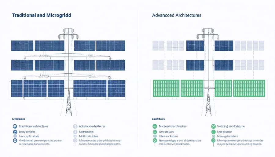 Architectural diagram comparing traditional microgrid layout with modern advanced microgrid systems