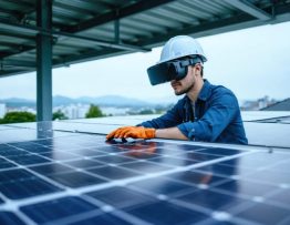 "Engineer using a mixed reality headset to inspect solar panels on a rooftop with an urban cityscape in the background."