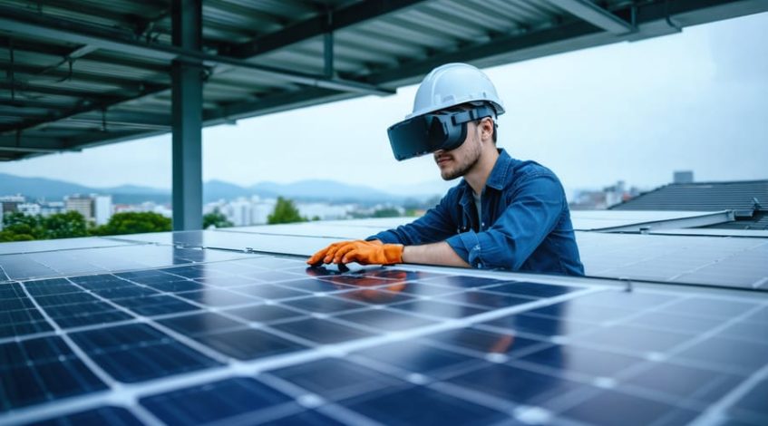 "Engineer using a mixed reality headset to inspect solar panels on a rooftop with an urban cityscape in the background."