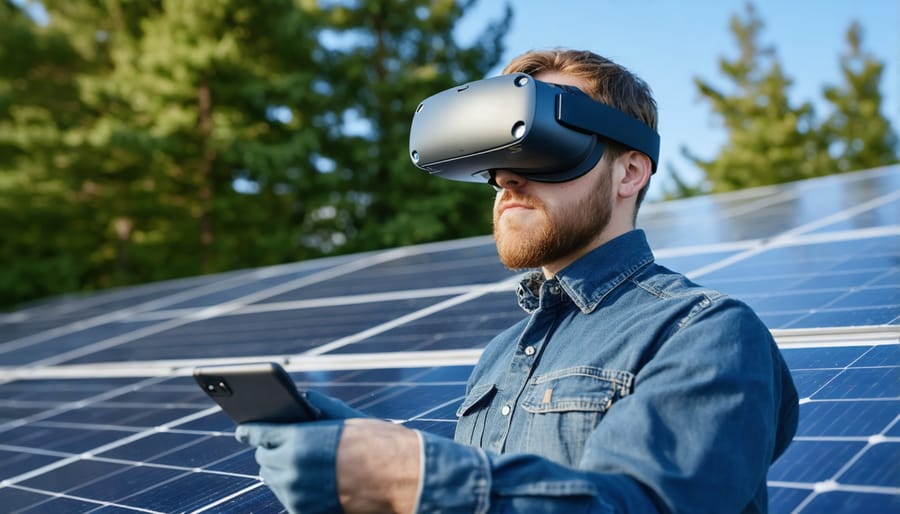 Solar technician wearing AR headset gesturing while examining solar installation