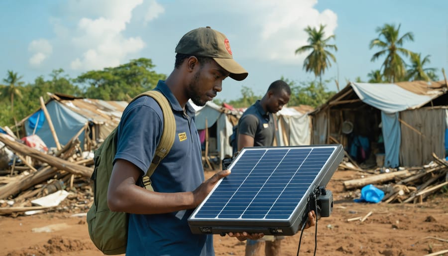 Humanitarian aid workers communicating via solar-powered radio in a temporary relief camp