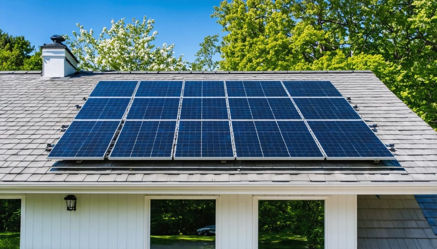 Aerial view of rooftop solar panels installed at optimal angle during sunset