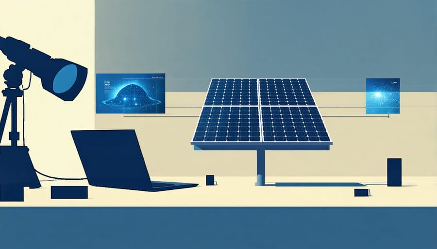 Two technicians collaborating via mixed reality technology at solar installation site