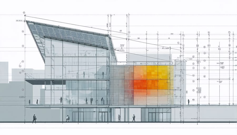 3D rendering of a disaster-resistant commercial building featuring solar integration and structural reinforcements